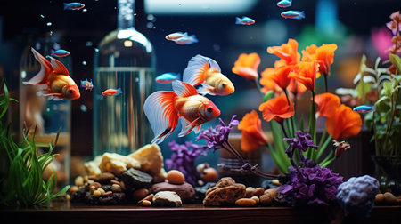 Magic world with different beautiful fish in an aquarium, close-up aquarium in a home environmentの素材