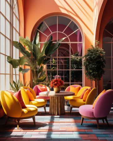 A very bright and colorful room with colored chairs and a table, an arched window and living plants, a fashionable stylish interiorの素材