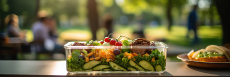 Brunch or lunch outdoors, open lunchbox with homemade healthy food against the backdrop of the park, bannerの素材