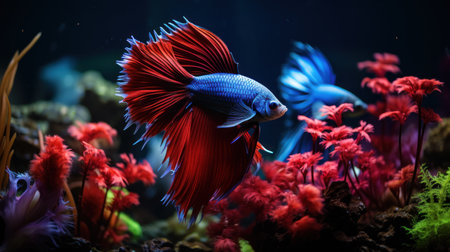 Aquarium Siamese fighting fish swim among algae and stones, corrals and underwater plants in an aquariumの素材