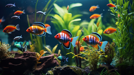 Aquarium fish swim among algae and stones, corrals and underwater plants in an aquariumの素材