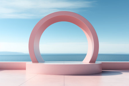 Abstract minimalist arch podium stage with pedestals for product presentation against blue sky backgroundの素材