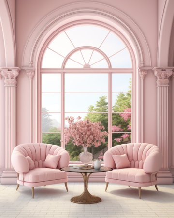 A very bright and pink room with colored chairs and a table, an arched window and living plants, a fashionable stylish interiorの素材