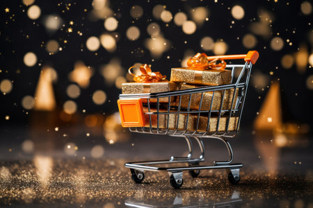 Black Friday discount concept, shopping cart with bright golden gift boxes, blurred dark background with shiny lightsの素材