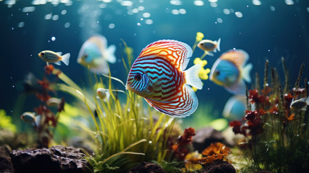 Aquarium fish Discus swim among algae and stones, corrals and underwater plants in an aquariumの素材