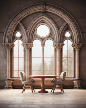 Living room with chairs and a table, an arched window and living plants, retro stylish interiorの素材