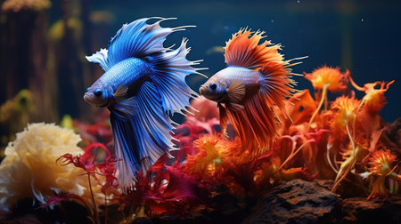Aquarium Siamese fighting fish swim among algae and stones, corrals and underwater plants in an aquariumの素材