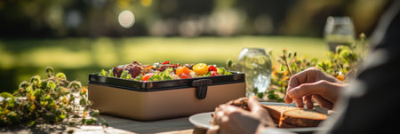 Office workers in business suits have lunch in the park and eat pre-prepared healthy food from a lunchbox, lunch or brunch in nature, bannerの素材