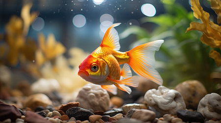 Aquarium Goldfish swim among algae and stones, corrals and underwater plants in an aquariumの素材