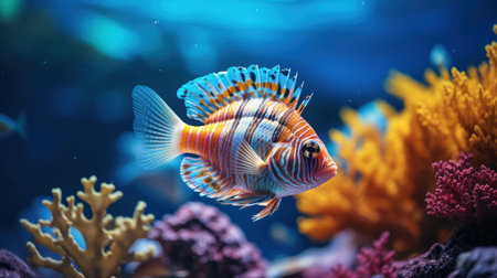 Aquarium fish swim among algae and stones, corrals and underwater plants in an aquariumの素材