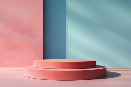 Abstract minimalist podium stage with round cylindrical pedestals for product presentation, studio, shadow on the wall from the windowの素材