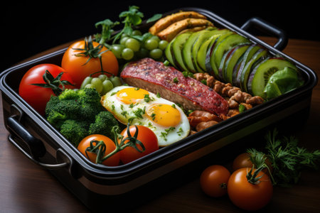 Open lunchbox closeup with food, homemade healthy food for lunch at school, work or picnicの素材