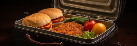 Open lunchbox closeup with food, homemade healthy food for lunch at school, work or picnicの素材