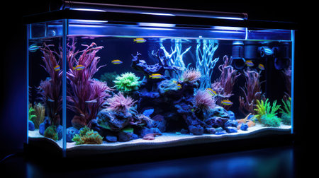 Aquarium fish swim among algae and stones, corrals and underwater plants in a blue neon aquariumの素材