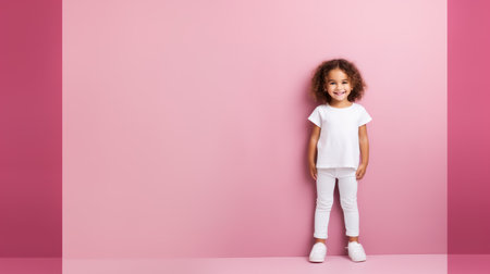 Child smiling girl 4-5 years old close-up in a white T-shirt without a pattern on the background of a pink wall, mockup for the presentation of a children's productの素材