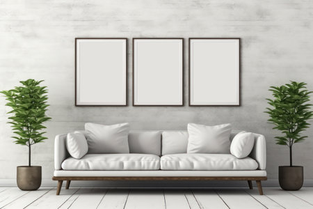 Part of interior mockup, sofa near wall, empty picture frames, light and shadow from windowの素材