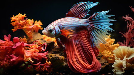 Aquarium Siamese fighting fish swim among algae and stones, corrals and underwater plants in an aquariumの素材