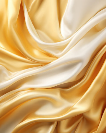 Background of flowing shiny yellow golden satin or silk, fashionable bright background of smooth silky fabricの素材