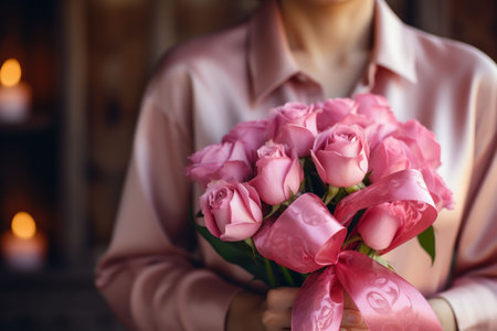 Close-up bouquet of roses in women's hands, St. Valentine's Day or birthday, love and romance conceptの素材