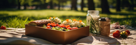Brunch or lunch outdoors, open lunchbox with homemade healthy food against the backdrop of the park, bannerの素材