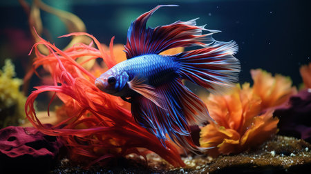 Aquarium Siamese fighting fish swim among algae and stones, corrals and underwater plants in an aquariumの素材