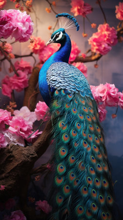 Colorful peacock on the background of pink sakura branchesの素材