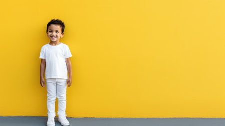 European child 4-5 years old close-up in a white T-shirt without a pattern against the background of a colored wall, mockup for the presentation of a children's productの素材