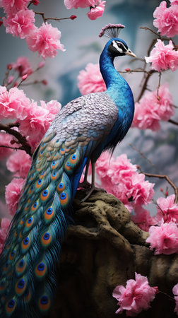 Colorful peacock on the background of pink sakura branchesの素材
