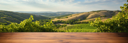 Wooden empty table close-up against blurred vineyards, wine presentation or tasting concept, bannerの素材