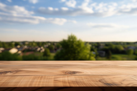 Wooden boards in the foreground close-up, empty table, against a blurred city background, mocap for product presentationの素材