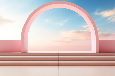 Abstract minimalist arch podium stage with pedestals for product presentation against blue sky backgroundの素材