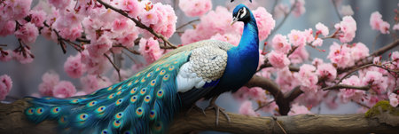 Colorful peacock on the background of pink sakura branches, bannerの素材