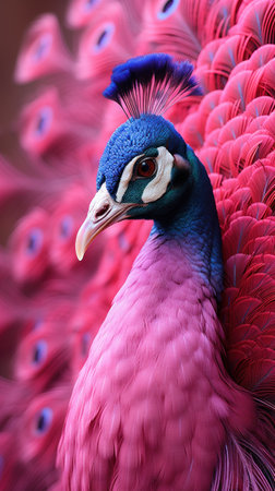 Colorful fantasy peacock with open tail of pink feathersの素材