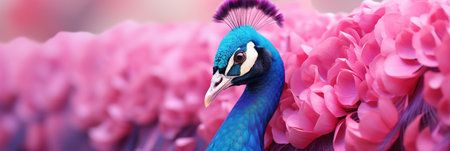 Colorful fantasy peacock with open tail of pink feathers, bannerの素材