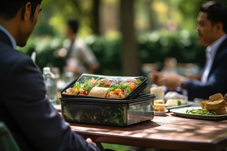 Office workers in business suits have lunch in the park and eat pre-prepared healthy food from a lunchbox, lunch or brunch in natureの素材