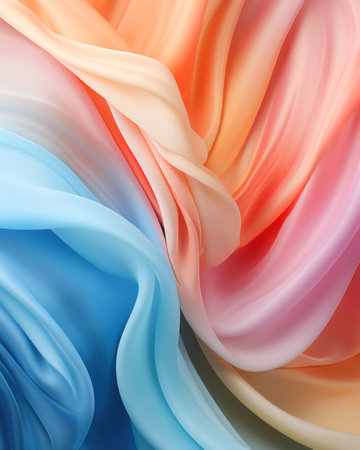 Background of flowing shiny colorful satin or silk, fashionable bright background of smooth silky fabricの素材