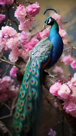 Colorful peacock on the background of pink sakura branchesの素材