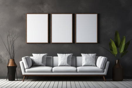Part of interior mockup, sofa near wall, empty picture frames, light and shadow from windowの素材