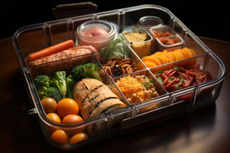 Open lunchbox closeup with food, homemade healthy food for lunch at school, work or picnicの素材
