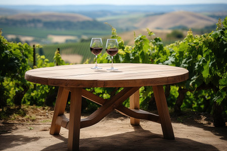 Wooden empty table close-up against blurred vineyards, wine presentation or tasting conceptの素材