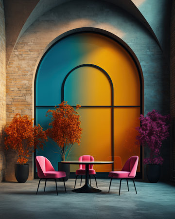 A very bright and colorful room with colored chairs and a table, an arched window and living plants, a fashionable stylish interiorの素材