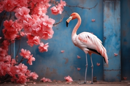 Pink flamingo on the background of the wall with exotic beautiful flowers, bright tropical conceptの素材