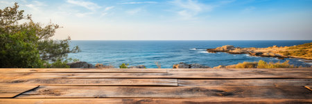 Wooden boards in the foreground close-up, empty table, against a blurred sea background, mocap for product presentation, bannerの素材