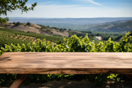Wooden empty table close-up against blurred vineyards, wine presentation or tasting conceptの素材
