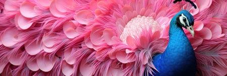Colorful fantasy peacock with open tail of pink feathers, bannerの素材