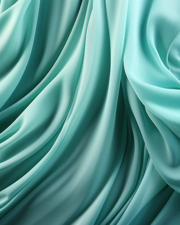 Background of flowing shiny green mint satin or silk, fashionable bright background of smooth silky fabricの素材