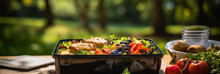 Brunch or lunch outdoors, open lunchbox with homemade healthy food against the backdrop of the park, bannerの素材
