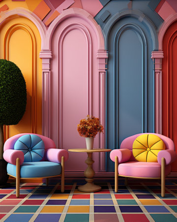 A very bright and colorful room with colored chairs and a table, an arched wall and living plants, a fashionable stylish interiorの素材