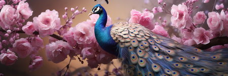Colorful peacock on the background of pink sakura branches, bannerの素材