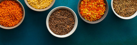Multicolored lentils in bowls banner, yellow and brown, green and orange lentils, healthy legumes, top view, copy spaceの写真素材